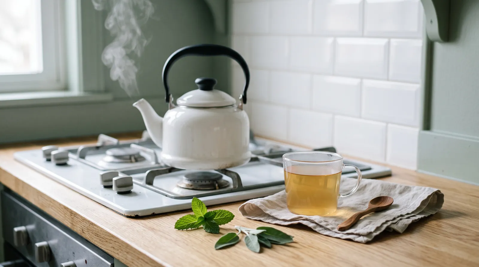 A white kettle steaming beside a clear glass cup of warm amber drink with a wooden spoon on a light oak kitchen counter