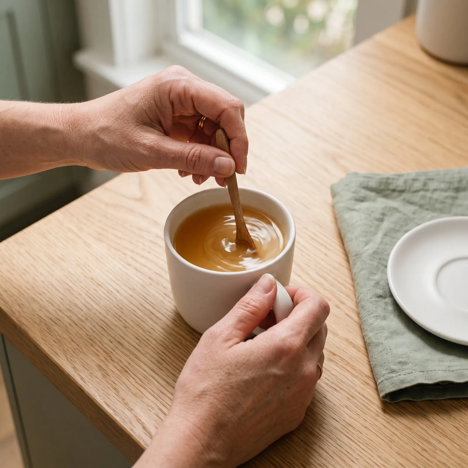 Two hands stirring a warm amber drink in a white ceramic mug with a wooden spoon on a light oak counter
